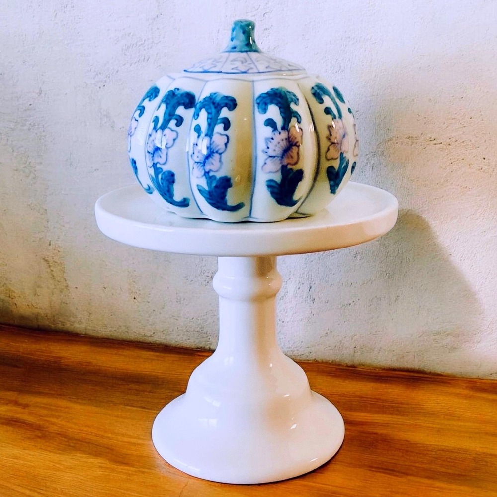 Vintage Hand Painted Porcelain Pumpkin Ginger Jar Blue Pink Floral Lidded Bowl